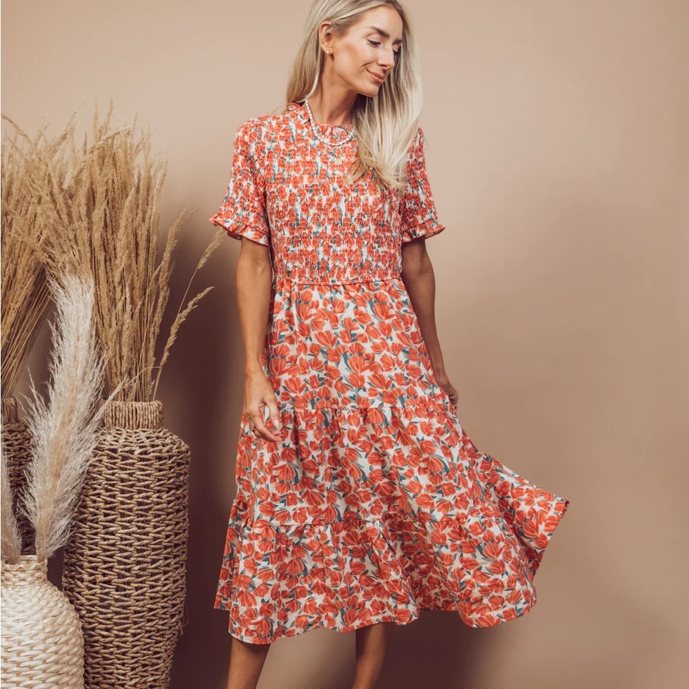 Floral Smocked Waist Midi Dress in Coral